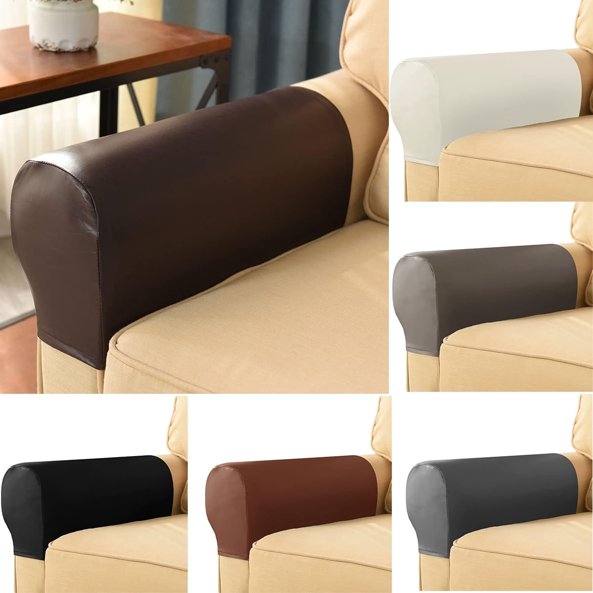 Sofa Armrest Cover Stretch Armchair Slipcover PU Leather Anti Slip Furniture Protector for Sofa Chair Recliner Couch Loveseat Set of 2