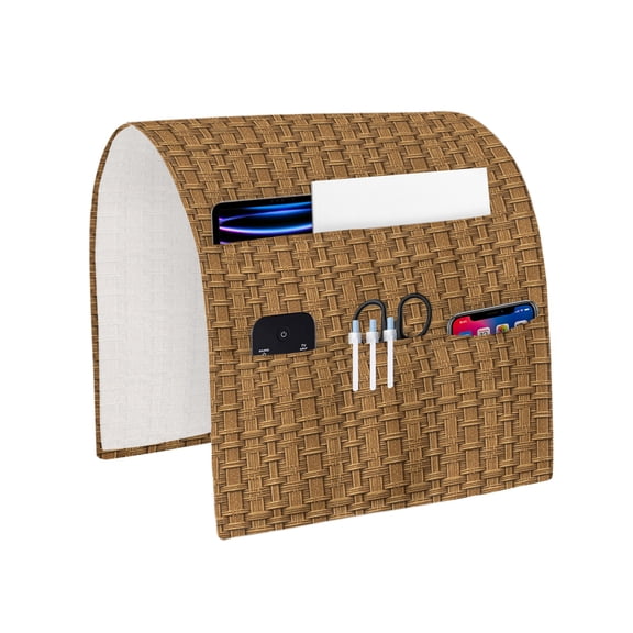 Sofa Armrest Organizer Bedside Caddy Brown Rattan Armchair Couch Caddy with Pocket Remote Control Holder Retro Striped Lines Arm Chair Caddy for Recliner Glasses Phone Tablets Magazine 20"x35"
