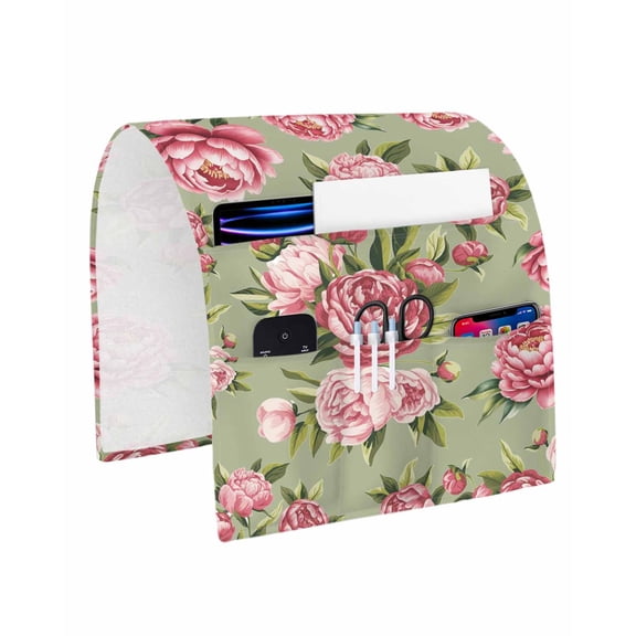 Sofa Armrest Organizer Bedside Caddy Pink Rose Floral Armchair Couch Caddy with Pocket Remote Control Holder Leaves Flowers Arm Chair Caddy for Recliner Glasses Phone Tablets Magazine 20"x35"