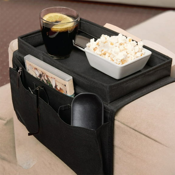 Sofa Armrest Organizer Caddy | 5 Pocket Bedside Storage Bag for Remote, Cellphone, Tablet, Book | Oxford Fabric, Rigid Cardboard, Gray or Beige | Fits Couch, Recliner, Arm Chair | 31.5x56cm, Clutter