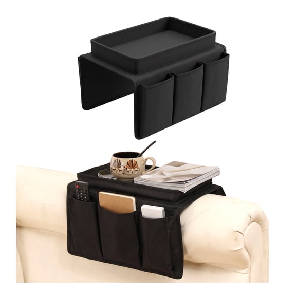 Renyuanyuan Sofa Armrest Organizer, Black, Non-Slip, for Remote Control, Phone, Book, and Snacks, for Most Couches and Recliners