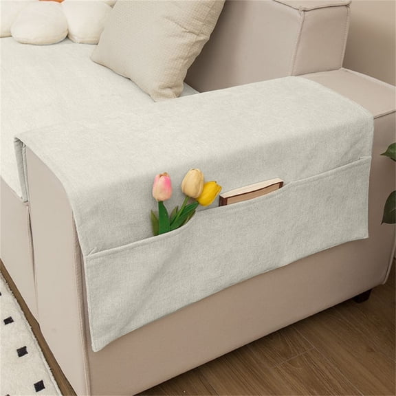 Sofa Armrest Organizer Chenille Hanging Storage Bag with Side Pockets for Remote & Phone - 43x24 Inch Universal Couch Cover (Off-White) (3 Pockets)