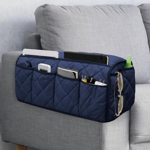 Sofa Armrest Organizer,Couch Remote Control Holder with 14 Pockets Waterproof Non Slip Recliner Organizer for TV Remotes Caddy,Book,Magazines,Ipad