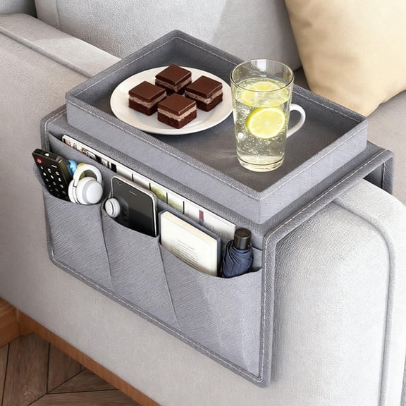 Sofa Armrest Organizer with Cup Holder Tray, Chair Arm TV Remote Holder for Recliner Couch, Armchair Caddy Bedside Storage Pockets Bag for Cellphone Tablet Books Drinks