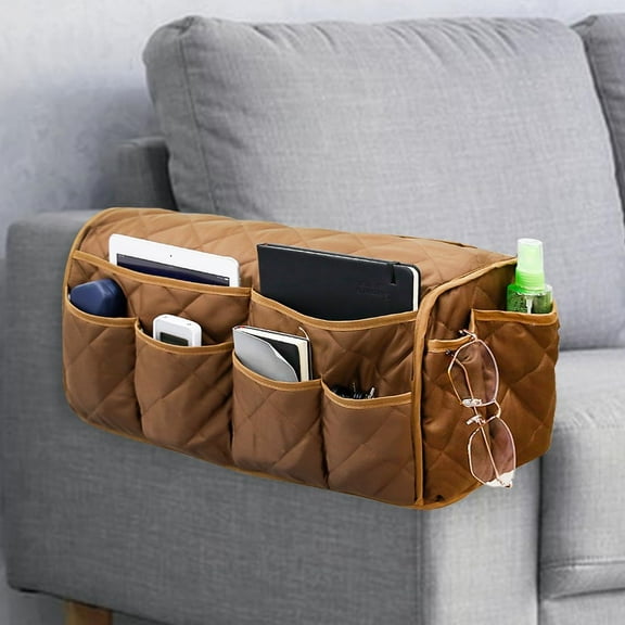 Sofa Armrest Organizer Non-Slip Arm Chair Bedside Caddy Storage Organizer for Recliner Couch with 14 Pockets for Cell Phone TV Remote Control Magazines (Brown)