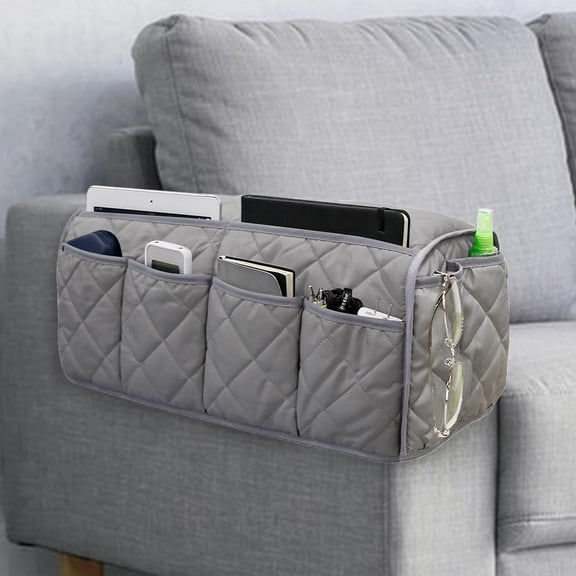 Sofa Armrest Organizer Non-Slip Arm Chair Bedside Caddy Storage Organizer for Recliner Couch with 14 Pockets for Cell Phone TV Remote Control Magazines (Grey)