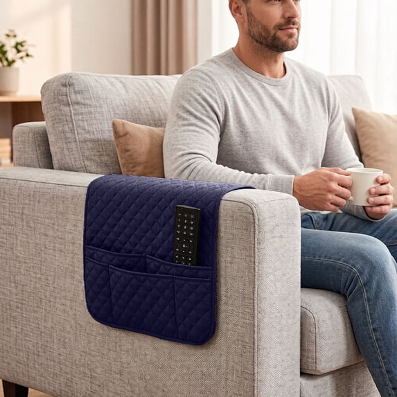 Sofa Armrest Organizer with Pockets, Non Couch Recliner Armchair Caddy Remote Control Holder, Washable Storage Caddy for Magazine Tablet Phone, Armrest Organizer for Chair Recliner, Navy