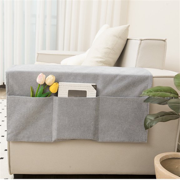 Sofa Armrest Organizer Pouch With Multi Pockets For Storing Remote Control Snacks Glasses Magazines Books, Chenille Linen Blend Material Firm Soft Wrinkle Resistant