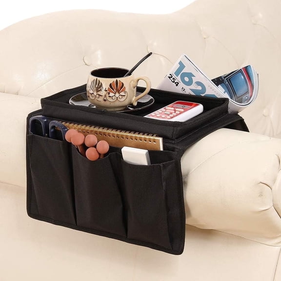 Sofa Armrest Organizer with Cup Holder,Couch TV Remote Storage Organizer with Pockets,Black