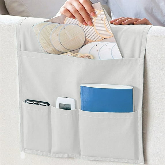 Sofa Armrest Storage Bag Organizer, 1-pack Canvas Side Pocket in White Gray Blue, Hanging Storage for Remote Phone Books Magazines, Space Saving Organizer for Living Room Bedside Office Dorm
