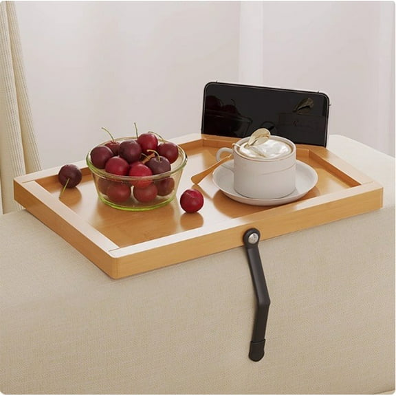 Sofa Armrest Tray with Phone Holder | Recessed Non-Slip Tabletop for Couch & Bed | Beige Wood Side Table for Drinks & Snacks | Includes Elastic Clip for Phones & Tablets