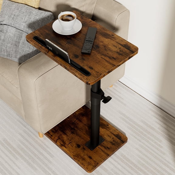 Sofa Armrest Tray Table for Couch - 360 Swivel Height Adjustable End for Small Spaces, Snack Side Table for Bed or Chair with Phone & Tablet Slot (Rustic,Standard)