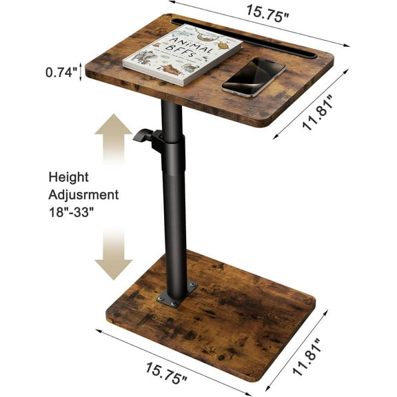 Sofa Armrest Tray Table for Couch - 360° Swivel Height Adjustable End for Small Spaces, Snack Side Table for Bed or Chair with Phone & Tablet Slot (Rustic,Standard)