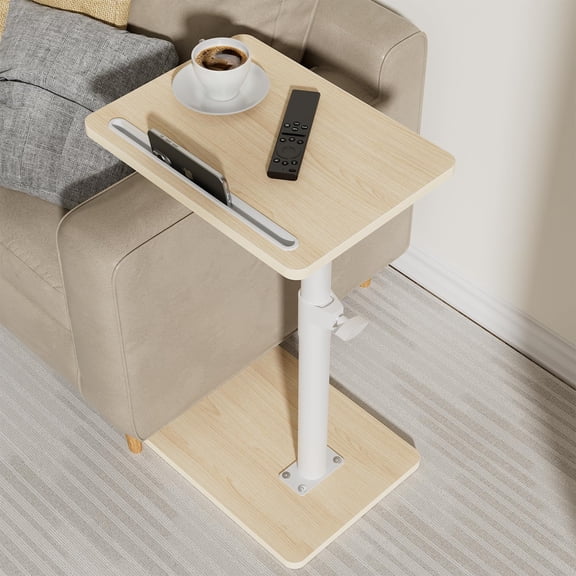 Sofa Armrest Tray Table for Couch - 360 Swivel Height Adjustable End Table for Small Spaces, Snack Side Table for Bed or Chair with Phone & Tablet Slot (Oak, Standard)