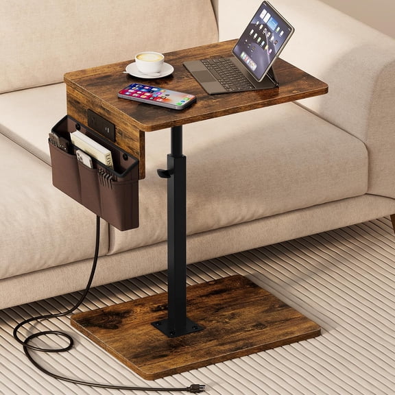 Sofa Armrest Tray Table for Couch - 360 Swivel Height Adjustable Side Table for Small Spaces, Snack Side Table for Bed or Chair, C Shaped End Table Snack Table for Eating Dinner Laptop