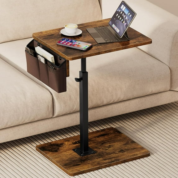 Sofa Armrest Tray Table for Couch, 360° Swivel Height Adjustable TV Tray Table for Small Spaces, Snack Side Table for Couch, Bed, Chair, C Shaped End Side Table for Eating, Reading, Laptop