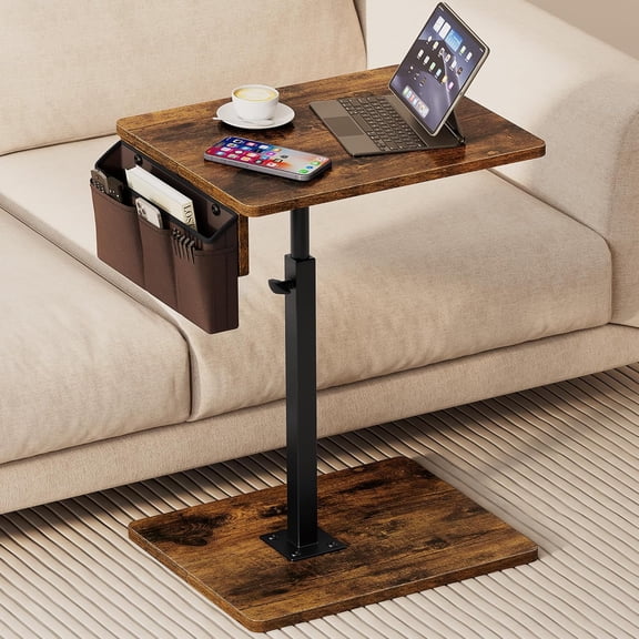 Sofa Armrest Tray Table for Couch, 360° Swivel Height Adjustable TV Tray Table for Small Spaces, Snack Side Table for Couch, Bed, Chair, C Shaped End Side Table for Eating, Reading, Laptop