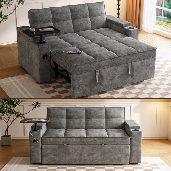 Sofa Bed,3-in-1 Folding Sleeper Sofa with Pull Out Bed,65'' Modern 2 Seater Convertible Chenille Couch,360° Swivel Table and USB,Grey