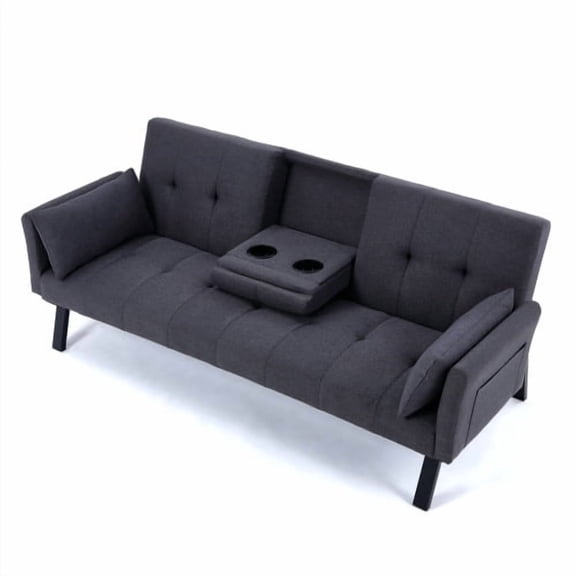 Sofa Bed, 70-inch Foldable Futon with Cup Holder and Side Storage, Cotton Linen Fabric, Multi Functional for Small Spaces, Dark Grey