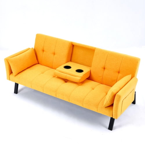 Sofa Bed, 70-inch Foldable Futon with Cup Holder and Side Storage, Cotton Linen Fabric, Multi Functional for Small Spaces, Yellow