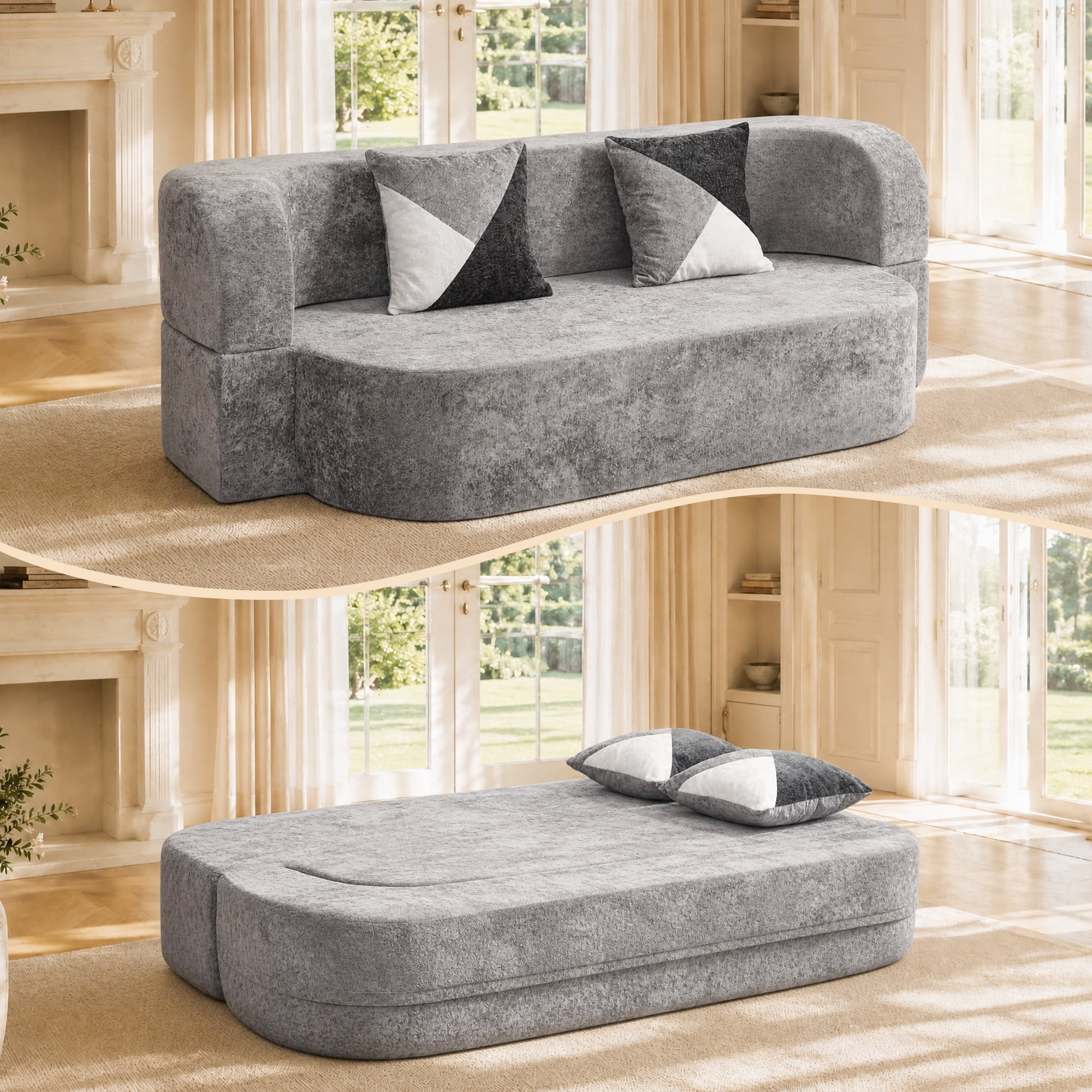 Sofa Bed, 78-Inch Eggshell Convertible Foam Sofa with Soft Plush Fabric ...