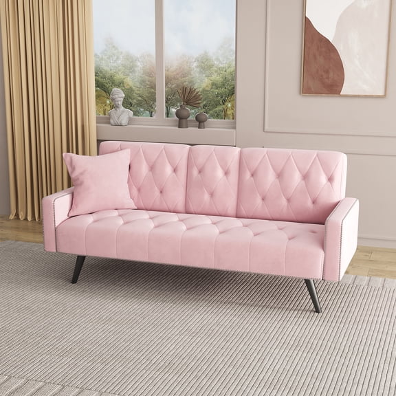 Sofa Bed Armrest with Nail Head Trim with Two Cup Holders 72" Pink Velvet Sofa for Small Spaces