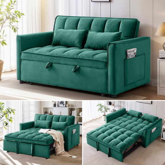 Anpport 3-in-1 Convertible Sleeper Sofa Bed, Pull-Out Loveseat Couch with Adjustable Back for Small Spaces, Velvet Fabric, 55", Green