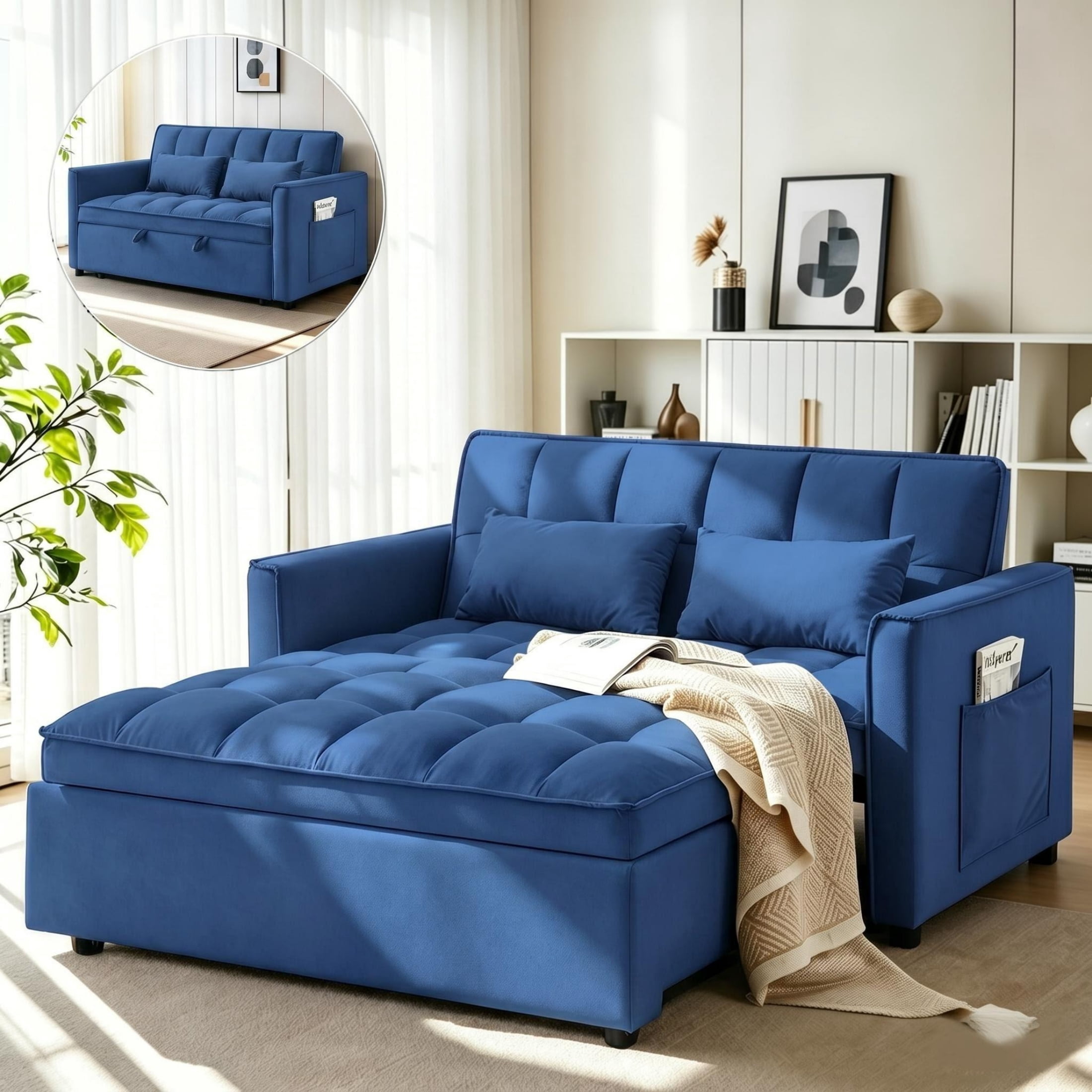 AISWORD Convertible Sofa Bed, 3 in 1 Pull Out Sleeper Loveseat Couch with Storage, Blue