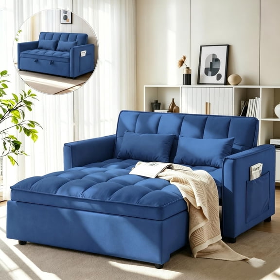 AISWORD Convertible Sofa Bed, 3 in 1 Pull Out Sleeper Loveseat Couch with Storage, Blue