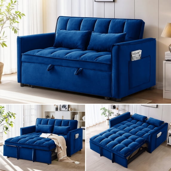 Anpport 3-in-1 Convertible Sleeper Sofa Bed, Pull-Out Loveseat Couch with Adjustable Back for Small Spaces, Velvet Fabric, 55", Blue