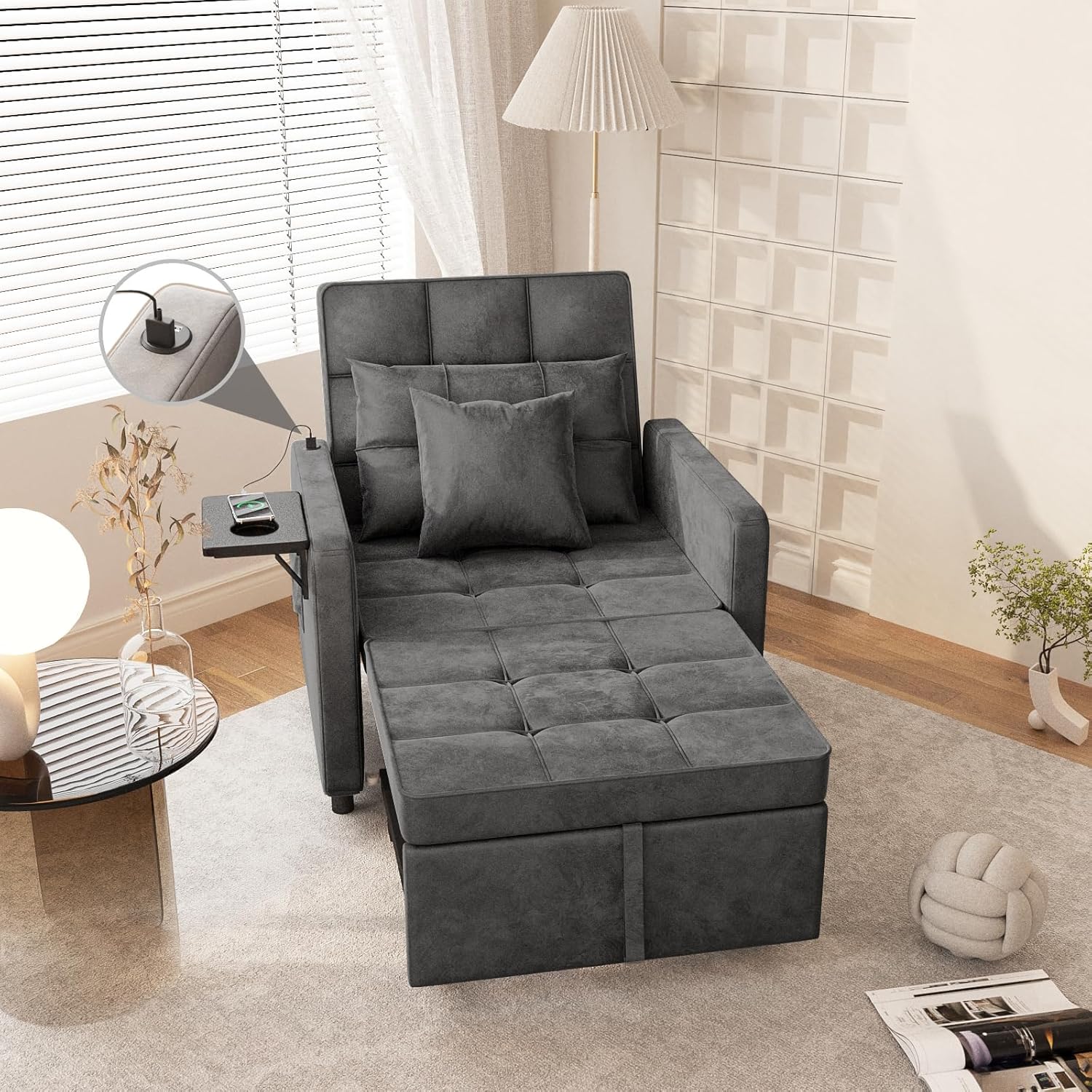 Sofa Bed Chair, 3in1 Sofa Chair Bed Sofa with Wing Table and USB Port