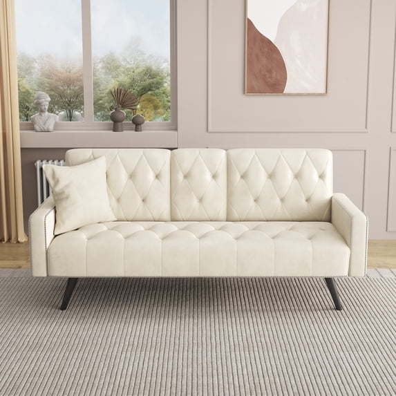 Sofa Bed,Convertible Couch Sleeper Home Recliner with Nail Head Trim Armrest,3 Adjustable Positions & 2 Cup Holders,72" Velvet Reversible Loveseat Folding Daybed for Small Spaces,Beige