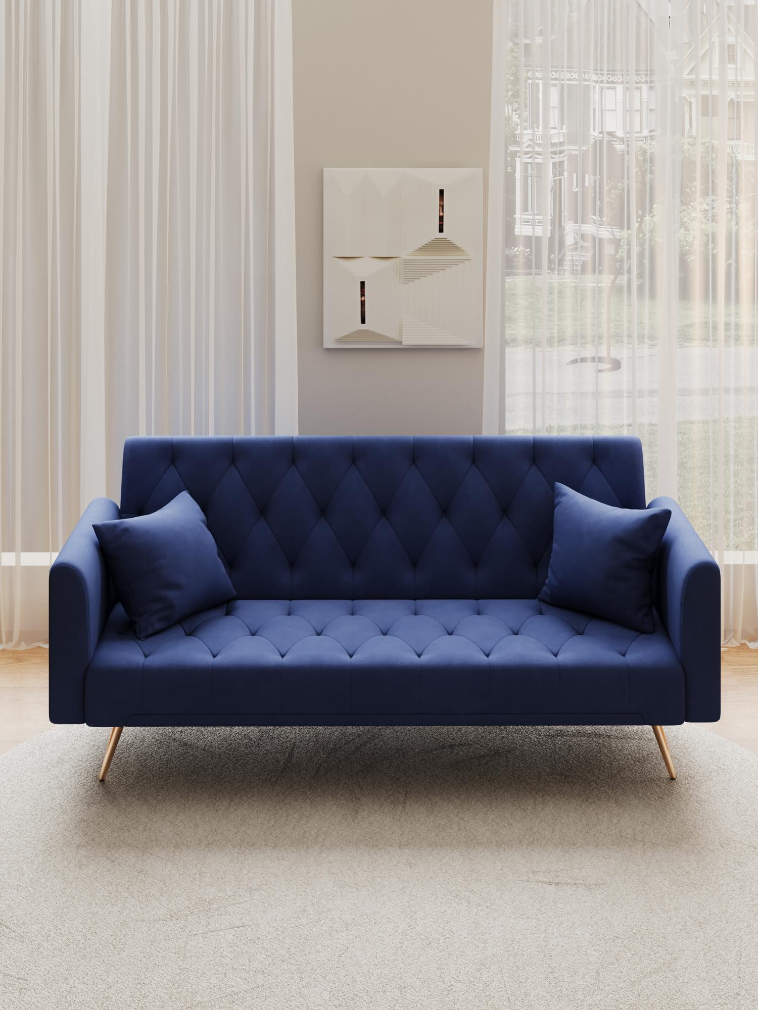 Sofa Bed Convertible Loveseat with Adjustable Backrest, Velvet Upholstery, Blue, 71 Inch Length, 58.4 lbs Weight Capacity, 2-Seater, Foldable Design for Small Living Room Bedroom Office