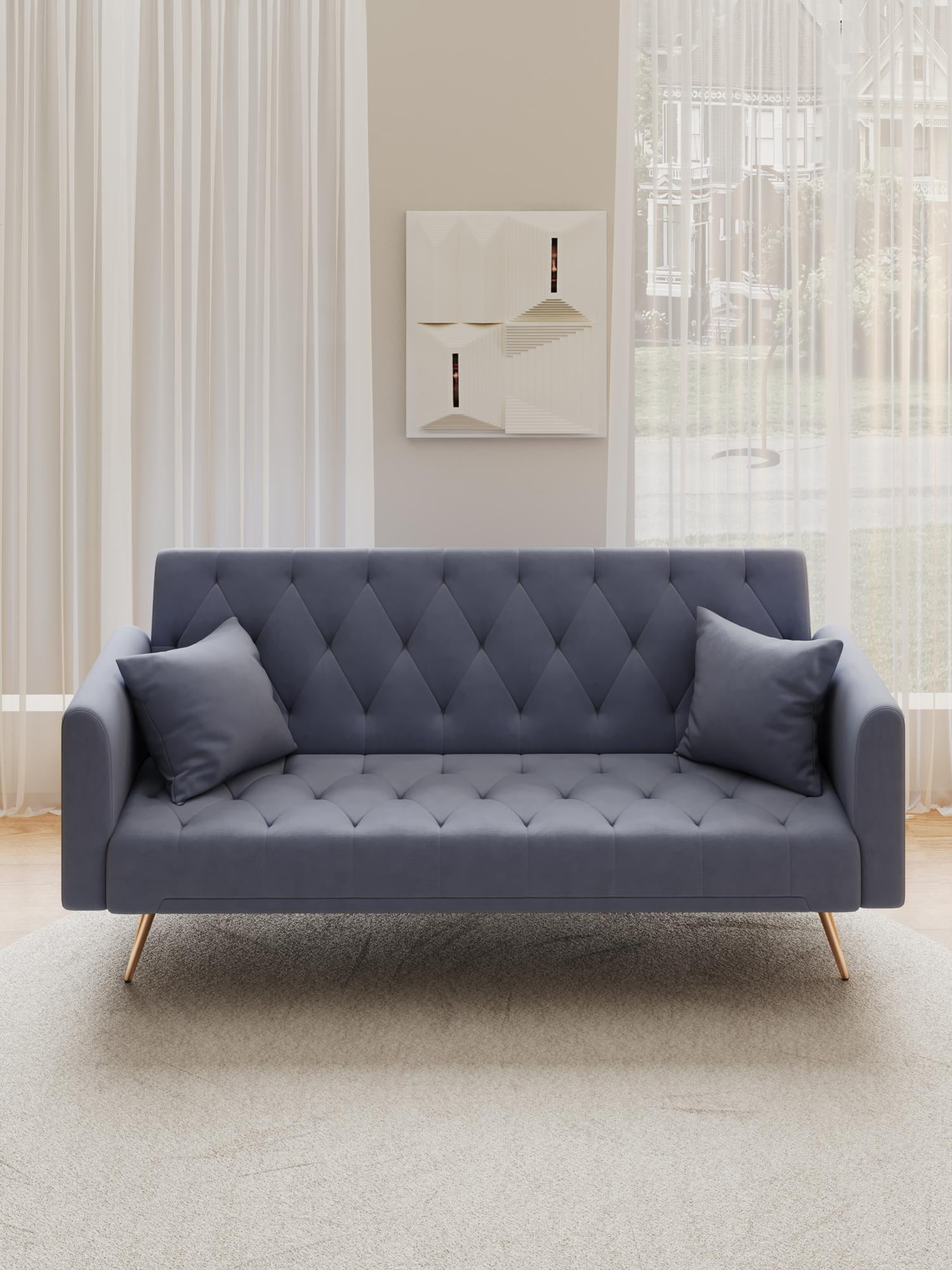 Sofa Bed Convertible Loveseat with Adjustable Backrest, Velvet Upholstery, Gray, 71 Inch Length, 58.4 lbs Weight Capacity, 2-Seater, Foldable Design for Small Living Room Bedroom Office