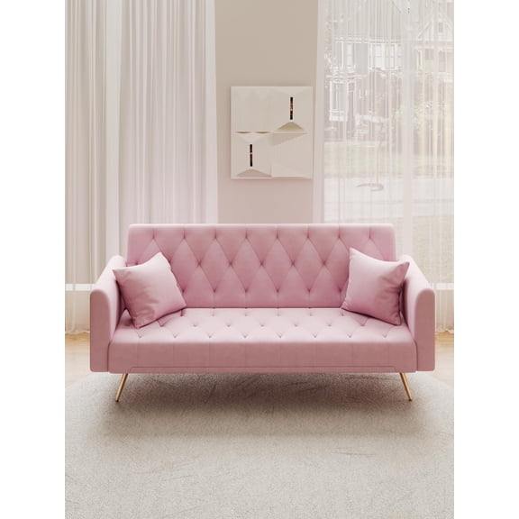 Sofa Bed Convertible Loveseat with Adjustable Backrest, Velvet Upholstery, Pink, 71 Inch Length, 58.4 lbs Weight Capacity, 2-Seater, Foldable Design for Small Living Room Bedroom Office