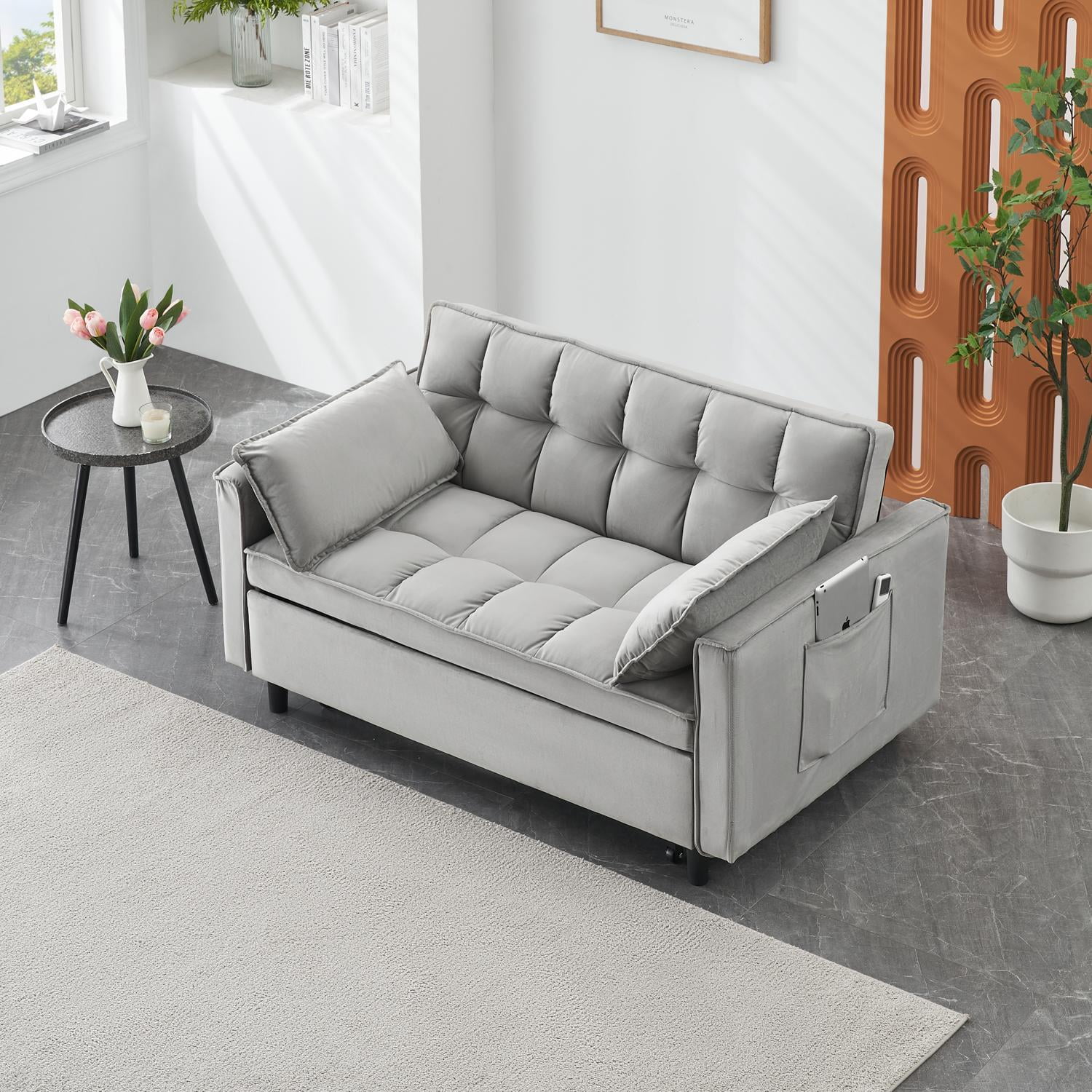 Sofa Bed, Convertible Loveseat, Velvet Futon&nbsp;with Adjustable Backrest, Wood Frame and S-Spring Seat, 3-in-1 Sleeper for Living Room, 55 Inch Gray