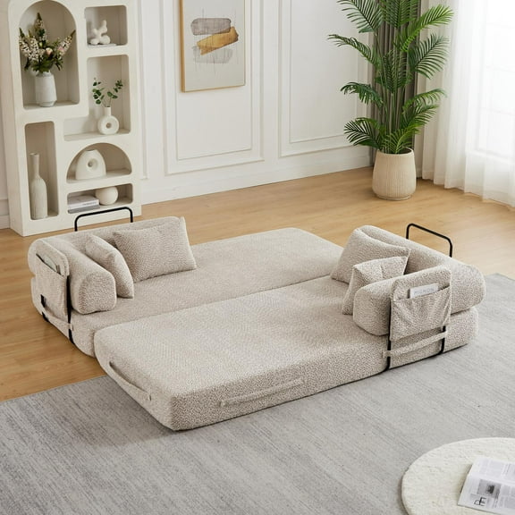 Sofa Bed, Convertible Sleeper, Folding Couchwith Cylindrical Pillow and Side Storage Pocket, Chenille Mattress with High-Density Foam, 78.7 Inch Khaki