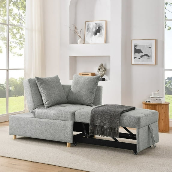 Sofa Bed, Convertible Sleeper Sofa Chair Adjustable Backrest Recliner with Pullout Sofa Bed with Wheels, Modern Linen Fabric for Living Room for Tight Spaces, Grey