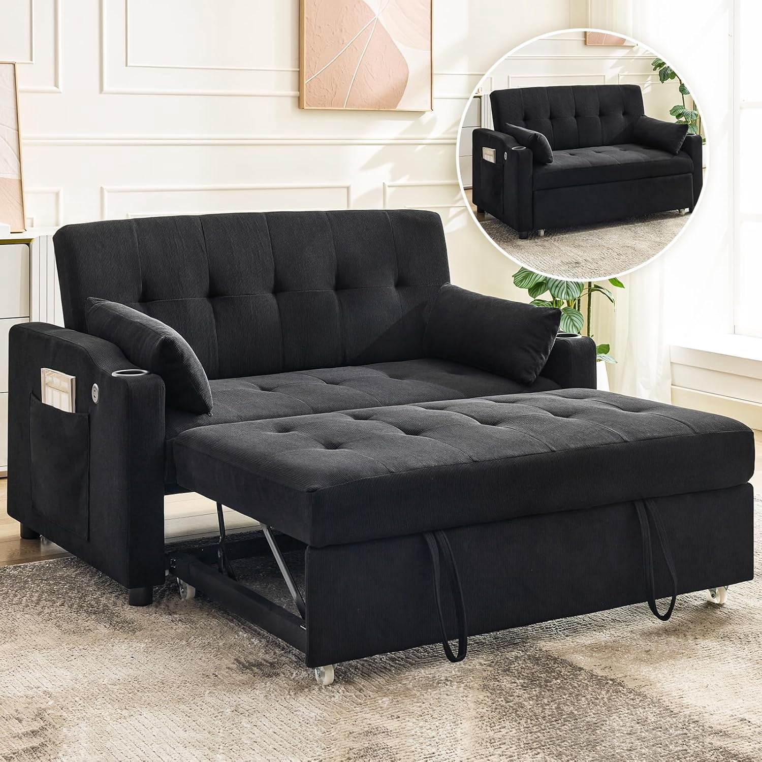Sofa Bed Couch, Futon Sleeper Couches with Pull Out Bed, USB Convertible Sofa Cama for Small Spaces, Living Room or Rv 3 in 1 Loveseat Furniture That Turns into Lounge Recliner