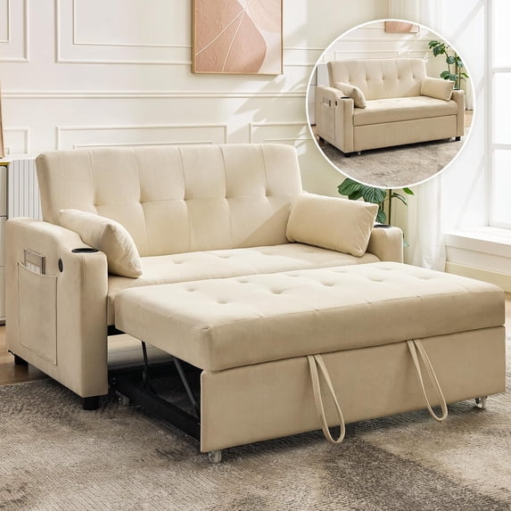 Sofa Bed Couch, Futon Sleeper Couches with Pull Out Bed, USB Convertible Sofa Cama for Small Spaces, Living Room or Rv 3 in 1 Loveseat Furniture That Turns into Lounge Recliner