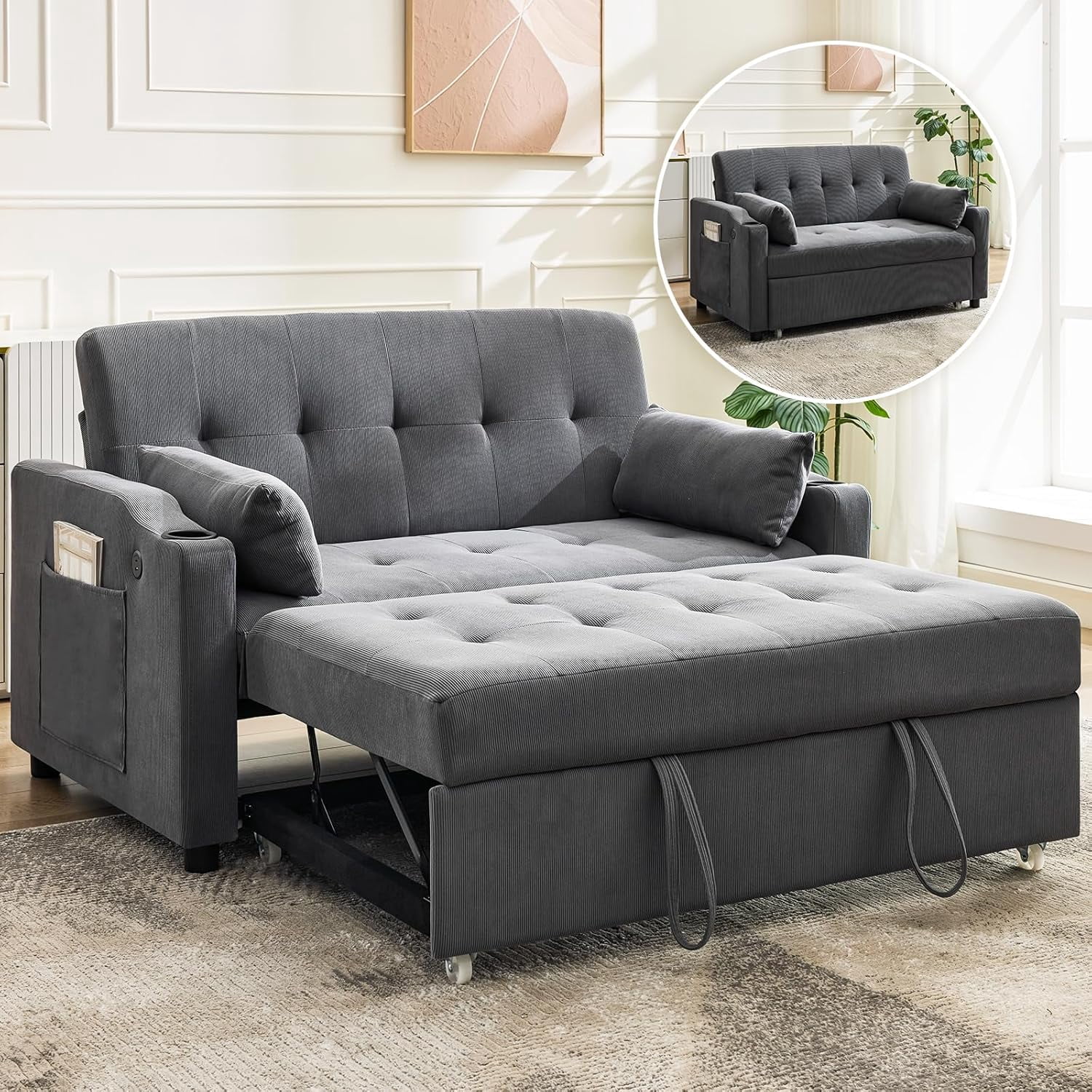 Sofa Bed Couch, Futon Sleeper Couches with Pull Out Bed, USB