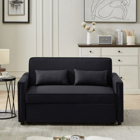 Sofa Bed Couch, Wood Frame Convertible Sofa Bed with Pull-out Bed, 2 Waist Pillows, Handle, Adjustable Backrest