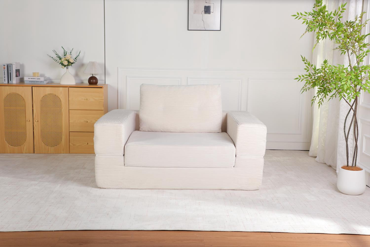 Sofa Bed, Dog Bed, Floor Couch&nbsp;3-in-1 Folding Human Pet Bed with Pillow, Beige Corduroy Convertible Lounger, High-Resilience Memory Foam for Living Room, Bedroom, Pets