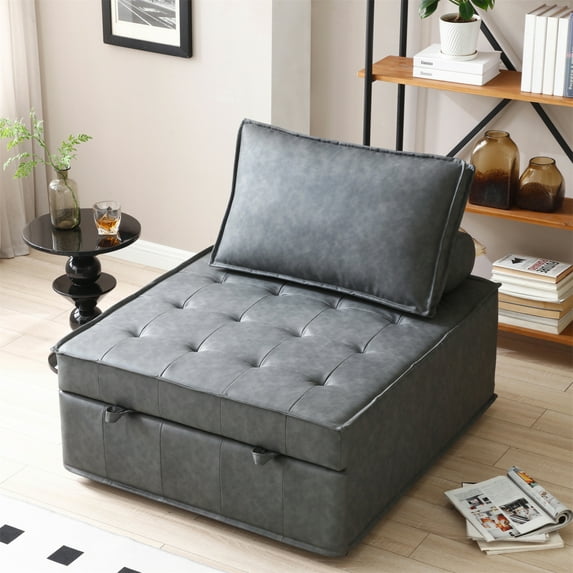 Sofa Bed, Faux Leather Sofa, Sleeper Sofa, Mid Century Modern Couch, Convertible Sofa Bed, Multipurpose Sofa Bed Couch for Living Room Apartment Office, Dark Grey