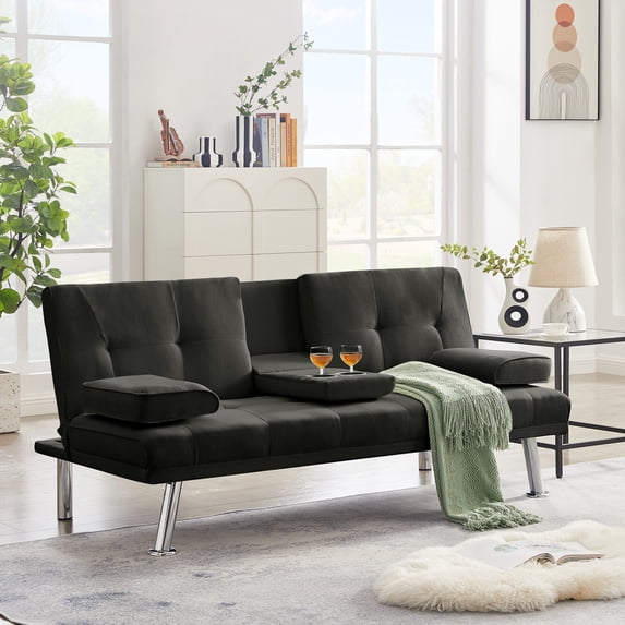 Sofa Bed, Folding Sofa Bed with Removable Armrests, 2 Cupholders, Metal Legs 3 People Guest Bed, Day Bed Frame