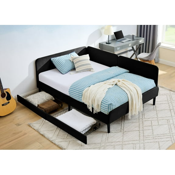 Sofa Bed Full Size Upholstered Platform Bed Frame with 2 Storage Drawers, Adjustable Velvet Sofa Bed, Black,Convertible Sofa Bed