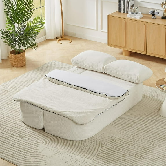Sofa Bed, Futon, Floor Couch Convertible Compression Sleeper with Silk Wool Cushion Blanket, Cream Fabric Sponge Spring Support for Apartment, Living Room, Guest Room, 74.8"L