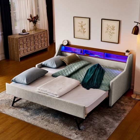 Sofa Bed with LED Lights and Headboard Storage | Twin Size, Linen Upholstery & Foldable Trundle | Store Items Conveniently and Increase Sleeping Capacity