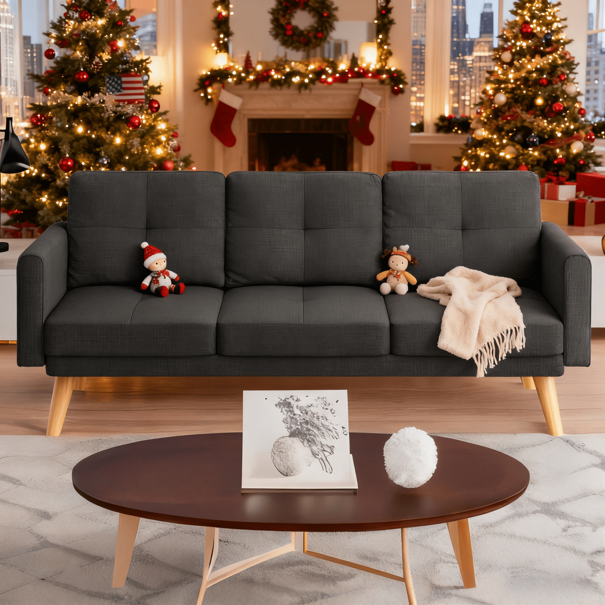 Lofka 68" Sofa and Couch with Side Storage Pocket and 4" Thick Cushions for Living Room, Dark Gray Modern Home Furniture