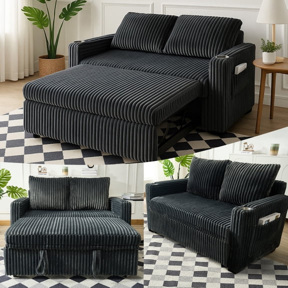 Sofa Bed, Loveseat Convertible Sofa with Pull Out Bed, Modern 3 in 1 Corduroy Couch with 2 Cup Holder and Usb, Comfortable Small Couch for Living Room Bedroom Apartment,Gray